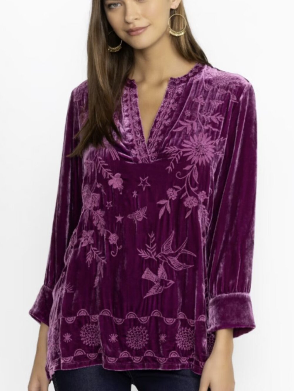 Johnny Was Henley Voyager Tunic Velvet Embroidered Top Size XS Sugar Plum